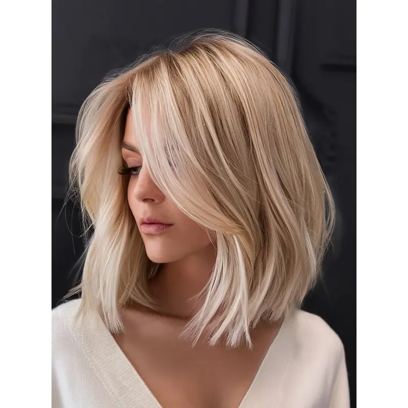 Blonde Bob Wig Real Hair Lace Front Straight Shoulder Length 12" Wigs