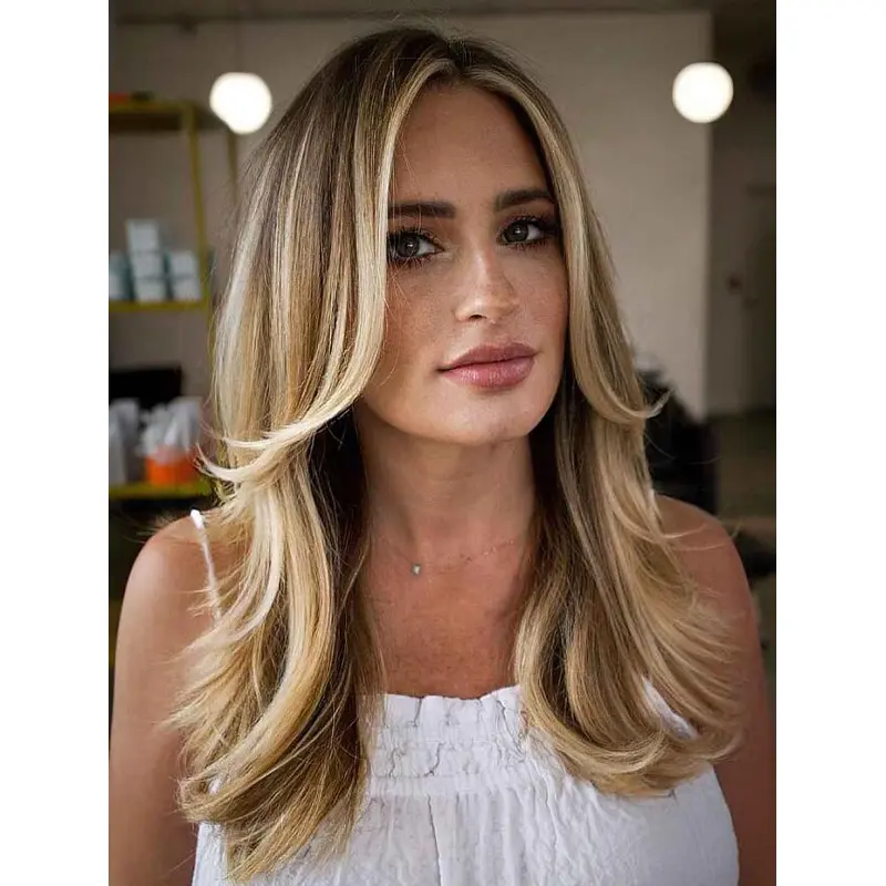 Ladies Wigs Long Wavy Lace Front Synthetic Layered Blonde Highlights Wigs