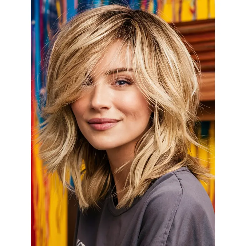 Medium Length Blonde Wigs With Bangs 12" Monofilament Synthetic Wigs