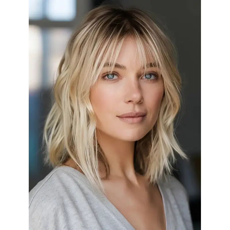 Blonde Bob Style Wig Synthetic 12" Wavy With Bangs Wigs