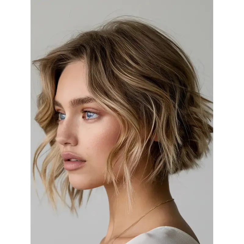 Medium Blonde Wavy Wig Synthetic 10" Bobs Chin Length Monofilament Wigs