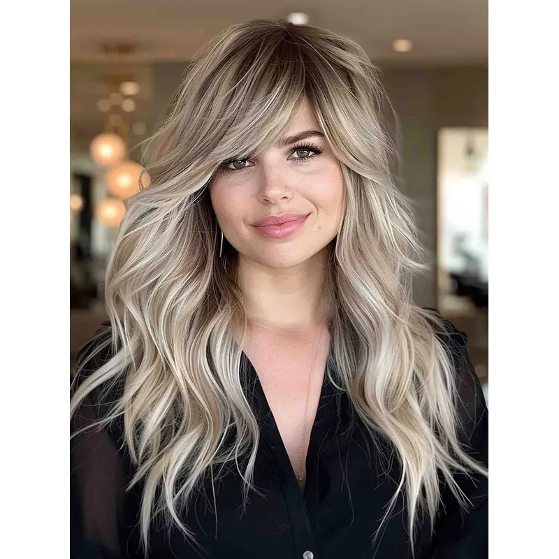 16" Synthetic Lace Front Long Blonde Wig With Bangs