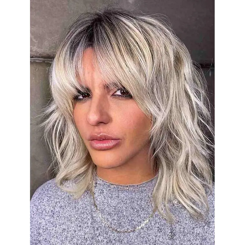 Cheap Blonde Wigs Shoulder Length Wavy Lace Front Layered Skimming Bangs Wigs