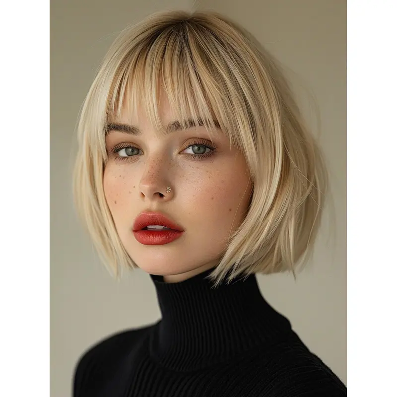 Wigs Blonde Bob 10" Straight Remy Human Hair With Bangs Wigs