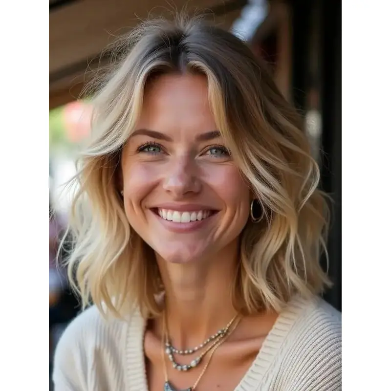 Wigs Medium Length 14" Monofilament Wavy Remy Human Hair Layered Blonde Wigs