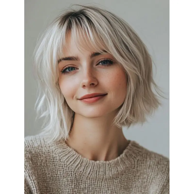 Wig Bob Style Monofilament 10" Synthetic With Bangs Wavy Wigs