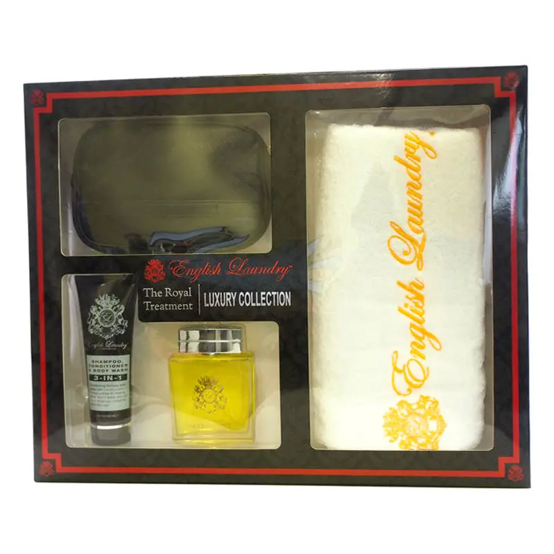 English Laundry The Royal Treatment Luxury Collection by English Laundry for Men - 4 Pc Gift Set 6.8oz EDP Spray, 6.8oz 3-In-1 Shower Wash, English Laundry Towel White/Gold, Leather Toiletry Bag