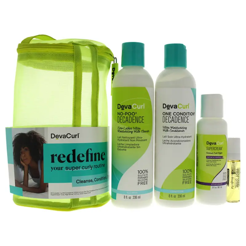 DevaCurl Spring Super Curly Kit by DevaCurl for Unisex - 4 Pc 8oz No Poo Decadence, 8oz One Condition Decadence, 3oz Super Cream, 0.17oz High Shine