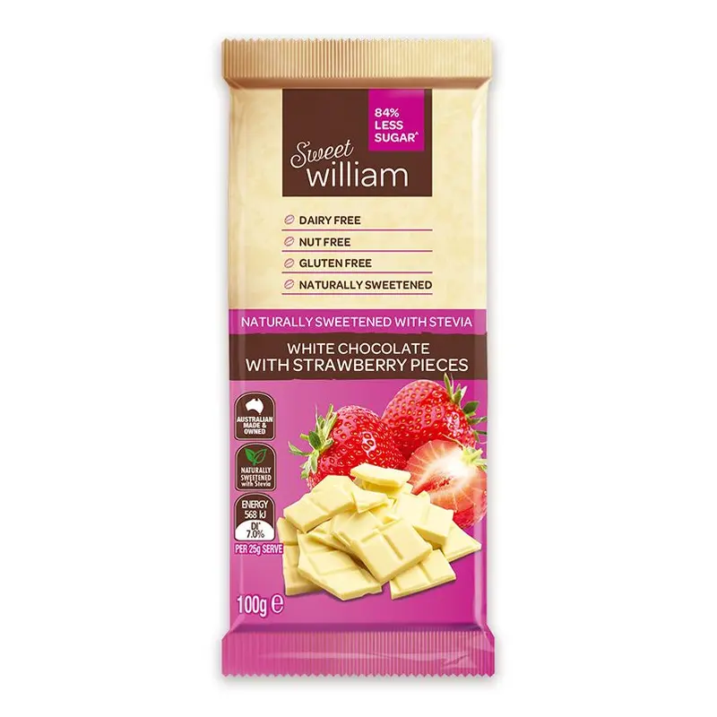 Sweet William Less Sugar White Choc Strawberry 100g