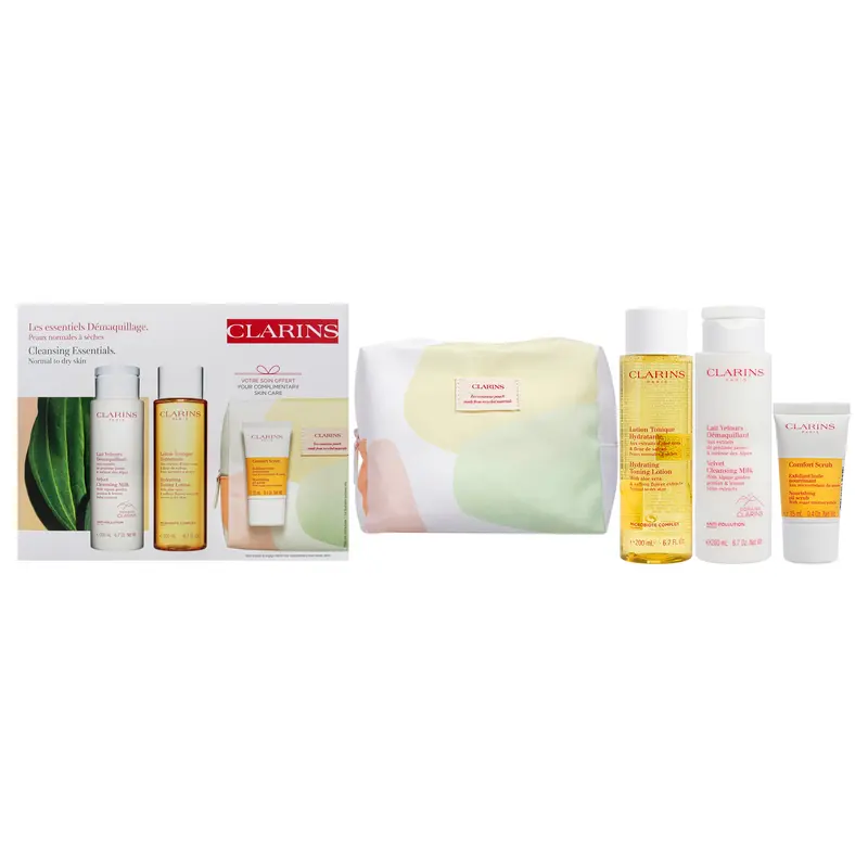 Clarins Cleansing Essentiels Set - Normal to Dry Skin by Clarins for Women - 4 Pc 6.7oz Velvet Cleansing - Milk, 6.7oz Hydrating Toning Lotion, 0.4oz Comfort Scrub, Beauty Purse