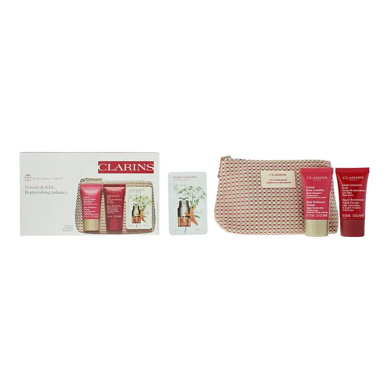 Clarins Super Restorative 4 Piece Gift Set: Rose Radiance Day Cream 15ml - Super restorative Night Cream 15ml - Eye Serum 0.9g - Pouch Not for sale