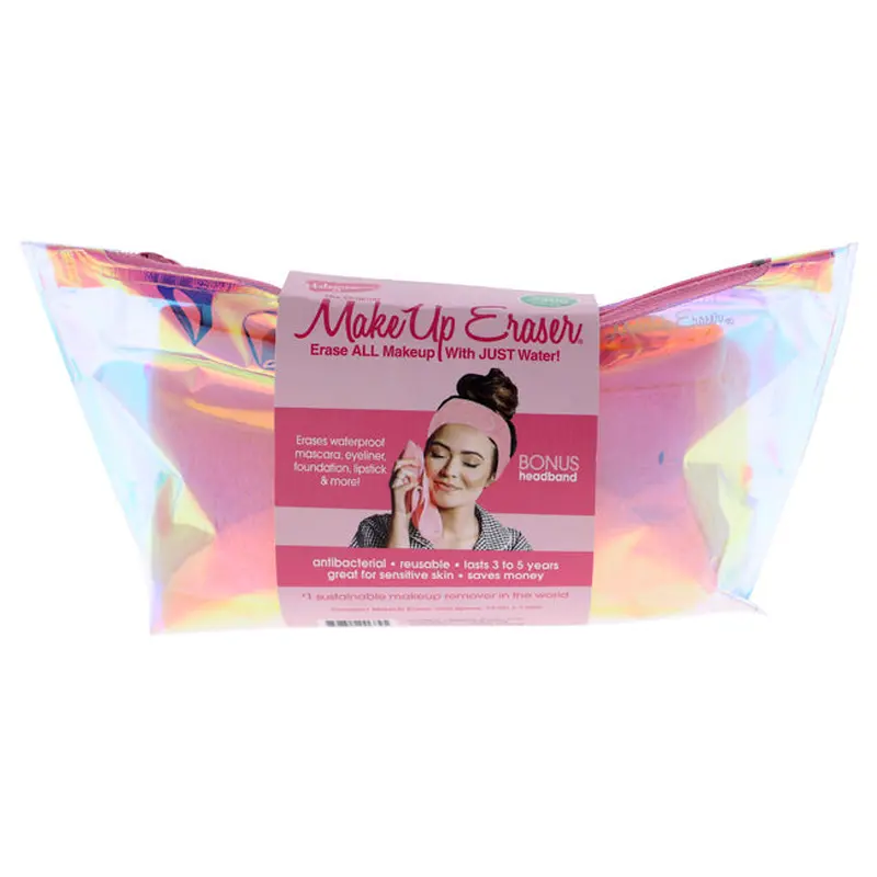 MakeUp Eraser Hologram Essential by MakeUp Eraser for Women - 3 Pc Set Original MakeUp Eraser - Light Pink, Headband - Light Pink, Holographic Makeup Bag