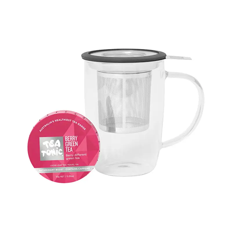 Tea Tonic (Tea Mug for One) Glass Tea Mug with Infuser & Berry Green Tea Travel Tin Pack 10g