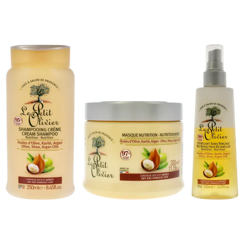 Le Petit Olivier Nourishing Creme Shampoo with Nutrition Mask - Dry and Damaged Hair and No Rinse Hair Detangler Kit by Le Petit Olivier for Unisex - 3 Pc Kit 8.4oz Shampoo, 11.15oz Maque, 5.07oz Detangler