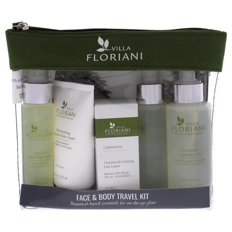 Villa Floriani Face and Body Travel Kit by Villa Floriani for Women - 5 Pc 3.4oz Cucumber Cleansing GEL, 1.69oz Cucumber Toner, 0.68oz Chamomile Calming Day Lotion SPF20, 2.53 Ultra Hydrating Cucumber Body Cream, 1.69oz Olive Oil Satin Body Spray