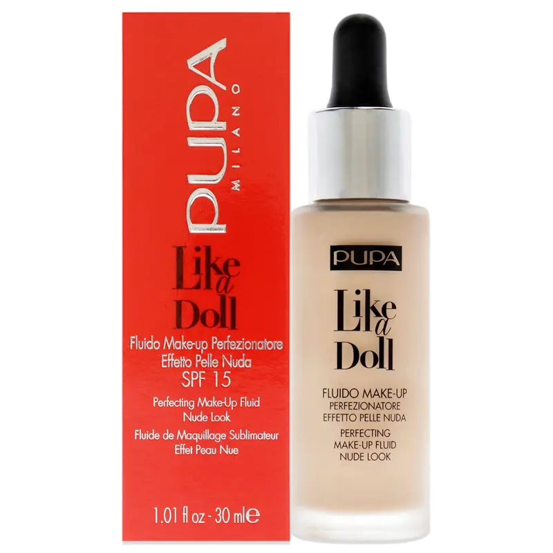Pupa Milano Like A Doll Perfecting Make-Up Fluid Nude Look Foundation SPF 15 - 020 Light Beige by Pupa Milano for Women - 1.01 oz Foundation